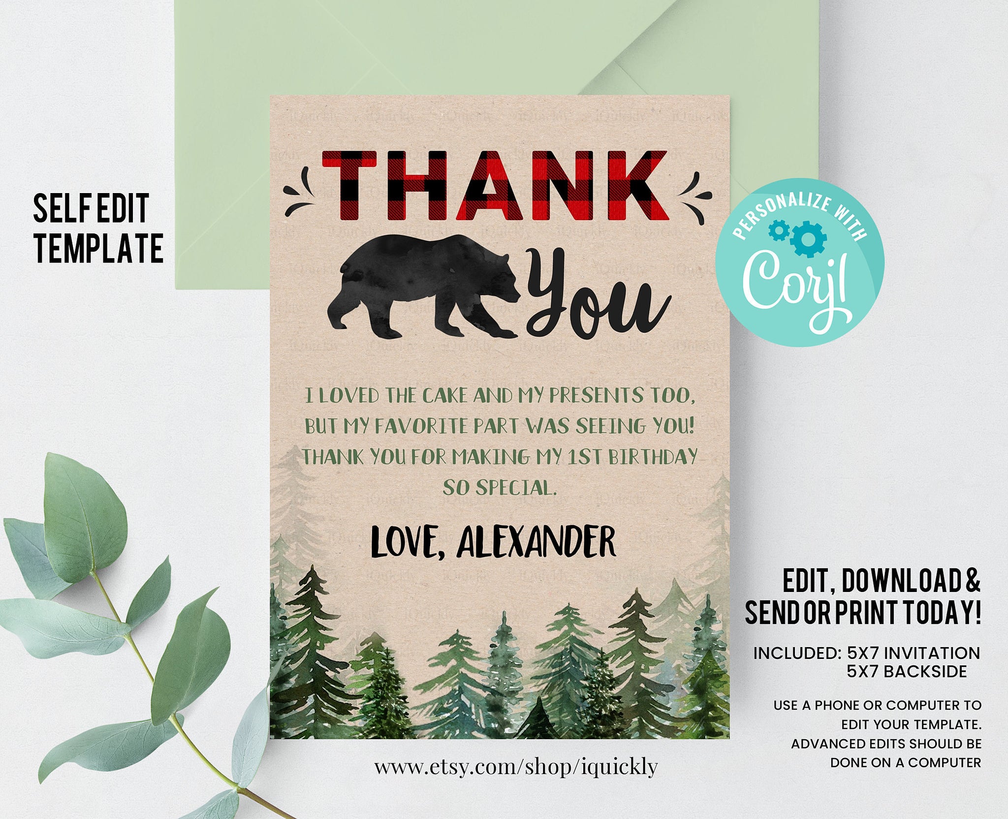 EDITABLE LumberjackThank you card, Buffalo Plaid Note card, Bear Printable 1st Birthday Thanks card Template, Instant download