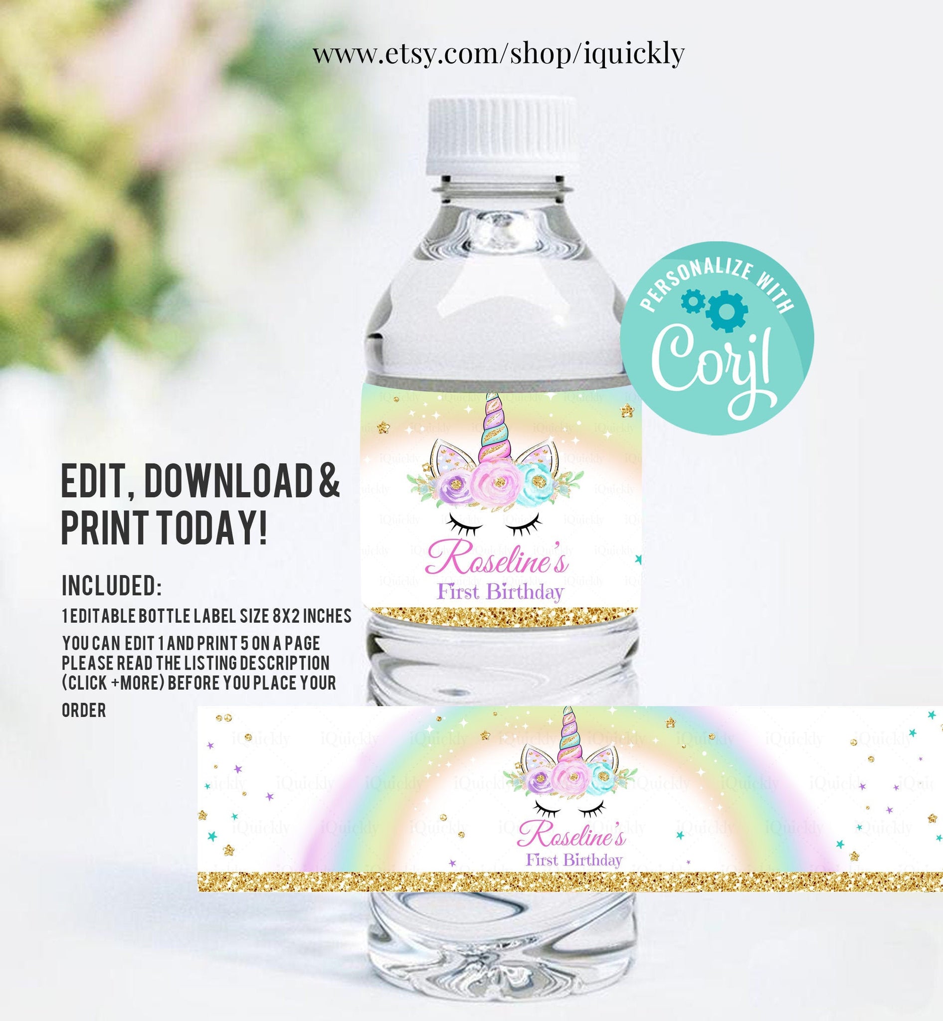 editable unicorn bottle water labels unicorn baby shower pink gold iquickly party