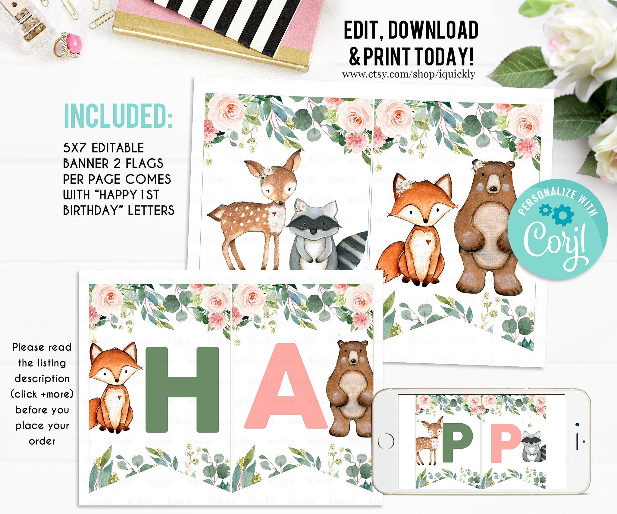 editable woodland banner wild one birthday banner printable 1st birth iquickly party