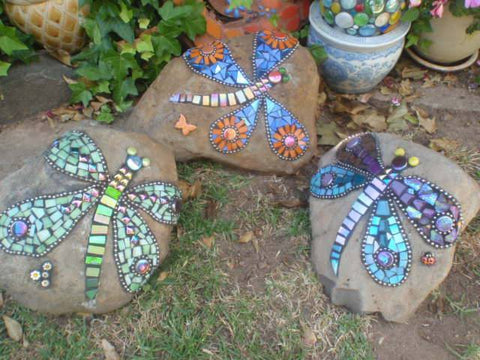 mosaic rocks with butterflies and dragonflies