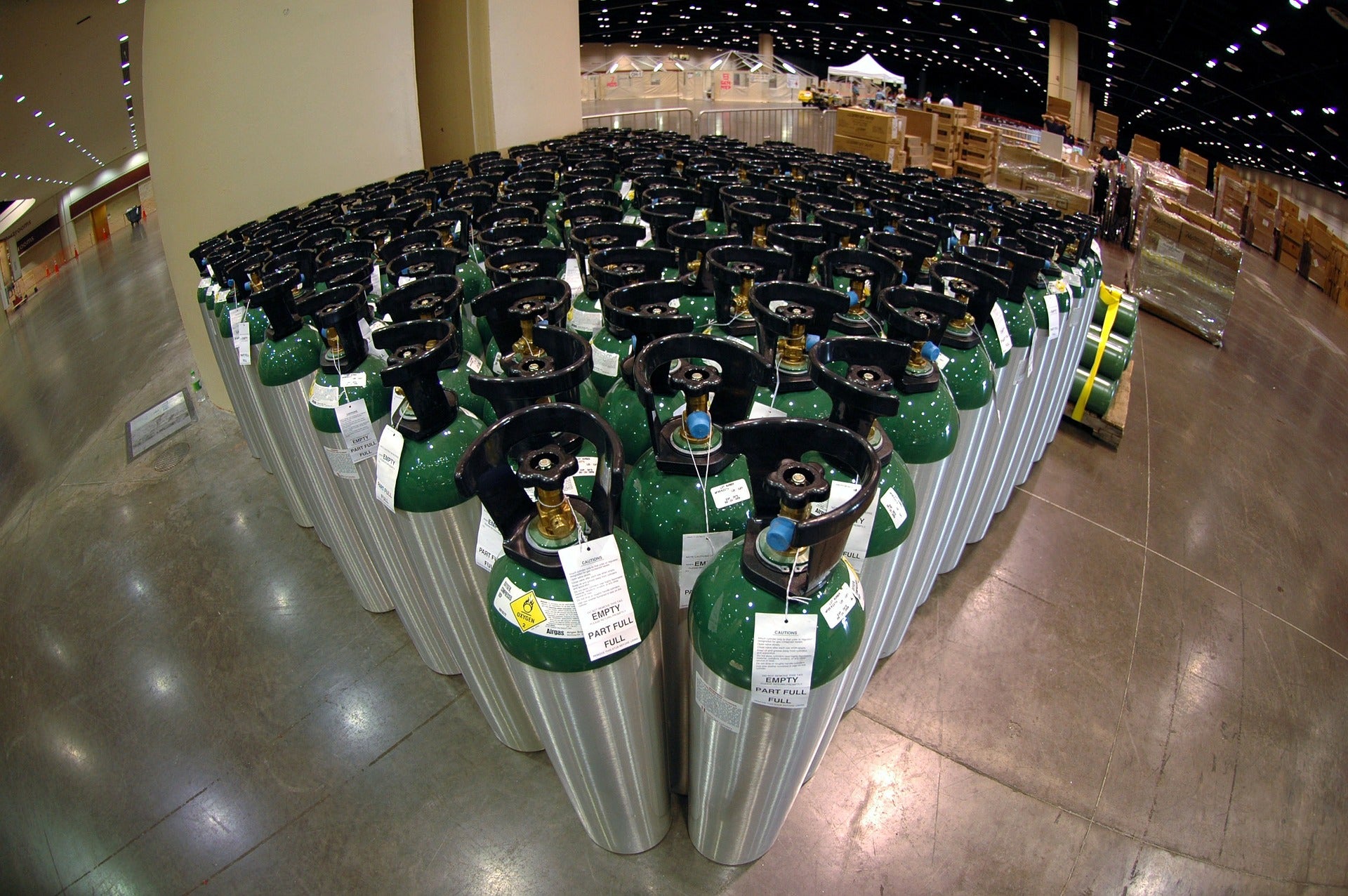 Canisters of Oxygen standing in the warehouse