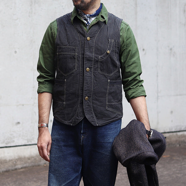 FREEWHEELERS TRACKWALKER VEST LATE 1800s STYLE WORK CLOTHING ORIGINAL BLACK  WABASH CHAMBRAY BLACK WABASH STRIPE CHAMBRAY