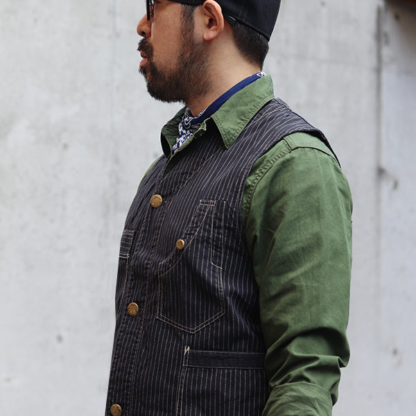 FREEWHEELERS , TRACKWALKER VEST , LATE 1800s STYLE WORK CLOTHING , ORIGINAL  BLACK WABASH CHAMBRAY , BLACK WABASH STRIPE CHAMBRAY