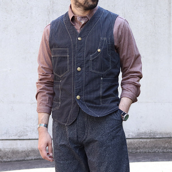 FREEWHEELERS , TRACKWALKER VEST , LATE 1800s STYLE WORK CLOTHING , ORIGINAL  BLACK WABASH CHAMBRAY , BLACK WABASH STRIPE CHAMBRAY