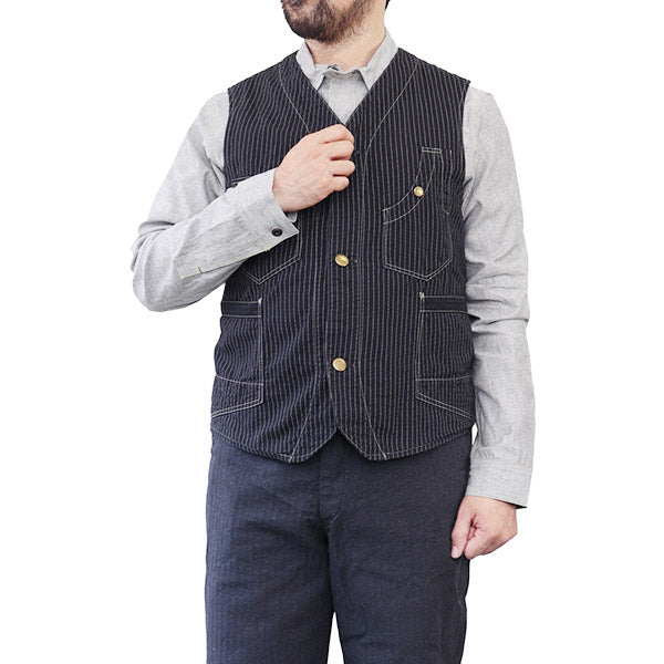 FREEWHEELERS , TRACKWALKER VEST , LATE 1800s STYLE WORK CLOTHING , ORIGINAL  BLACK WABASH CHAMBRAY , BLACK WABASH STRIPE CHAMBRAY