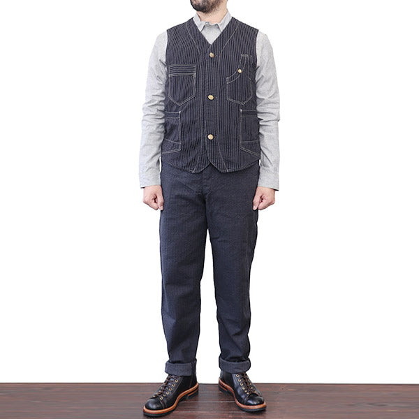 FREEWHEELERS , TRACKWALKER VEST , LATE 1800s STYLE WORK CLOTHING , ORIGINAL  BLACK WABASH CHAMBRAY , BLACK WABASH STRIPE CHAMBRAY