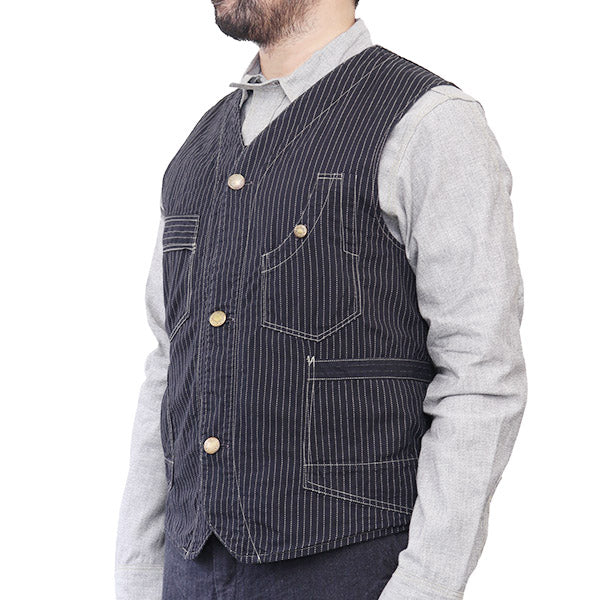 FREEWHEELERS , TRACKWALKER VEST , LATE 1800s STYLE WORK CLOTHING , ORIGINAL  BLACK WABASH CHAMBRAY , BLACK WABASH STRIPE CHAMBRAY