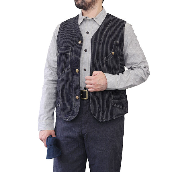 FREEWHEELERS , TRACKWALKER VEST , LATE 1800s STYLE WORK CLOTHING , ORIGINAL  BLACK WABASH CHAMBRAY , BLACK WABASH STRIPE CHAMBRAY