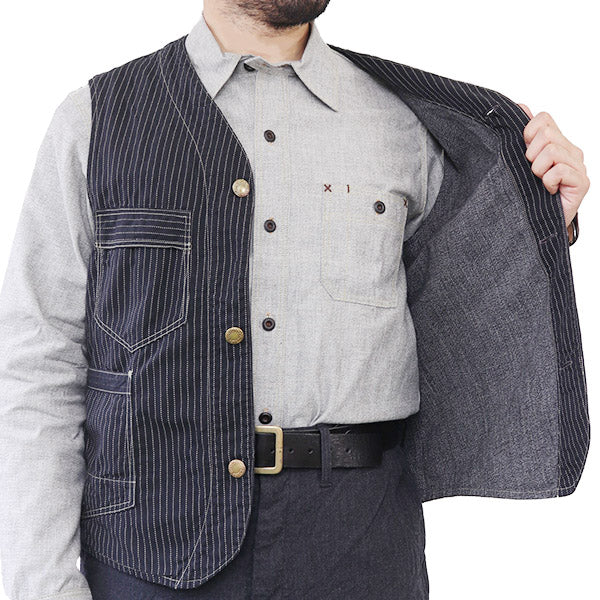 FREEWHEELERS , TRACKWALKER VEST , LATE 1800s STYLE WORK CLOTHING , ORIGINAL  BLACK WABASH CHAMBRAY , BLACK WABASH STRIPE CHAMBRAY