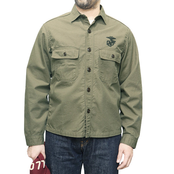 FREEWHEELERS , MILITARY UTILITY SHIRT , U.S.M.C. DEVIL DOG CUSTOM MODEL ,  OLIVE