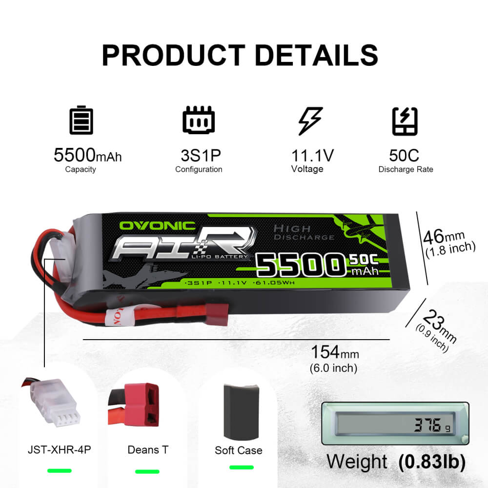 OVONIC 11.1V 5500mAh 3S 50C LiPo Battery Pack with Deans Plug for RC airplane
