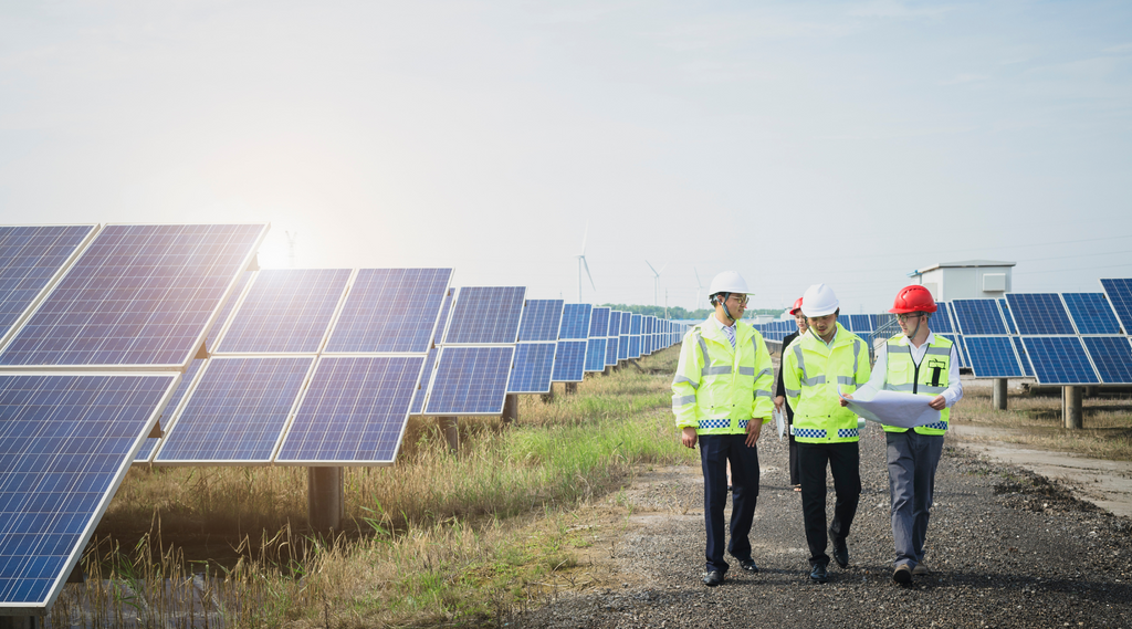 Men wearing vests are walking in front of solar panels