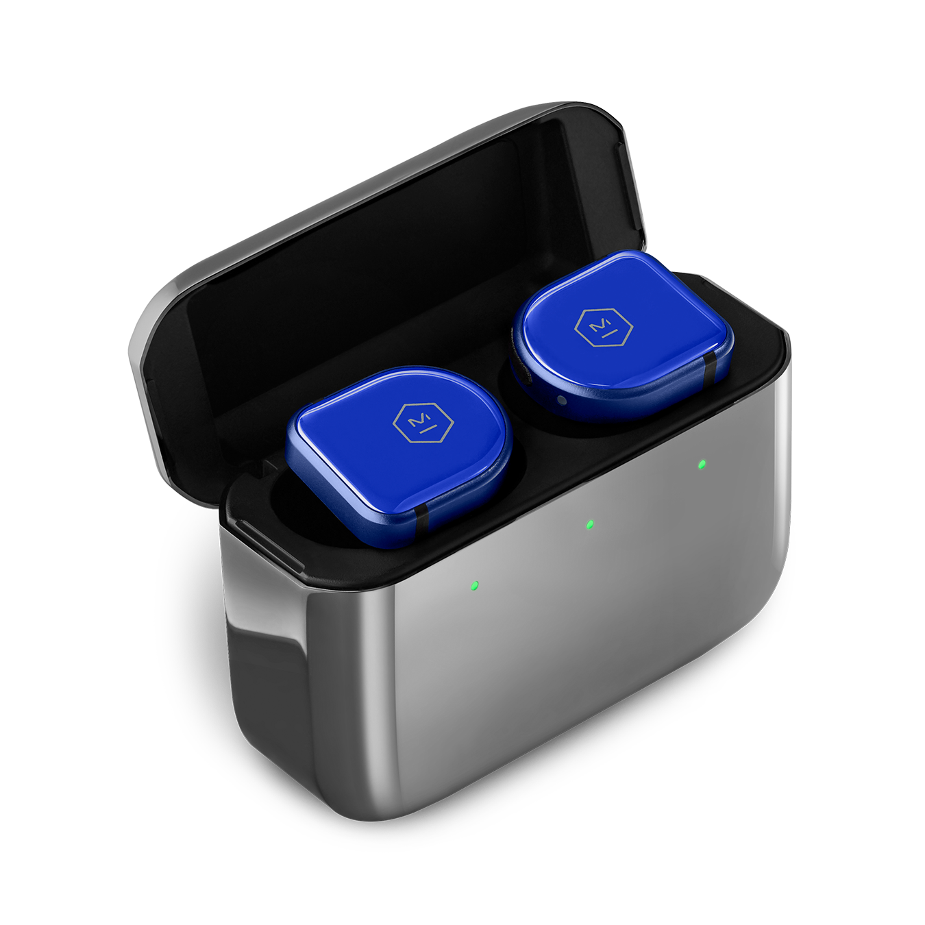 master & dynamic® mw08 wireless earphones - blue ceramic/polished graphite case