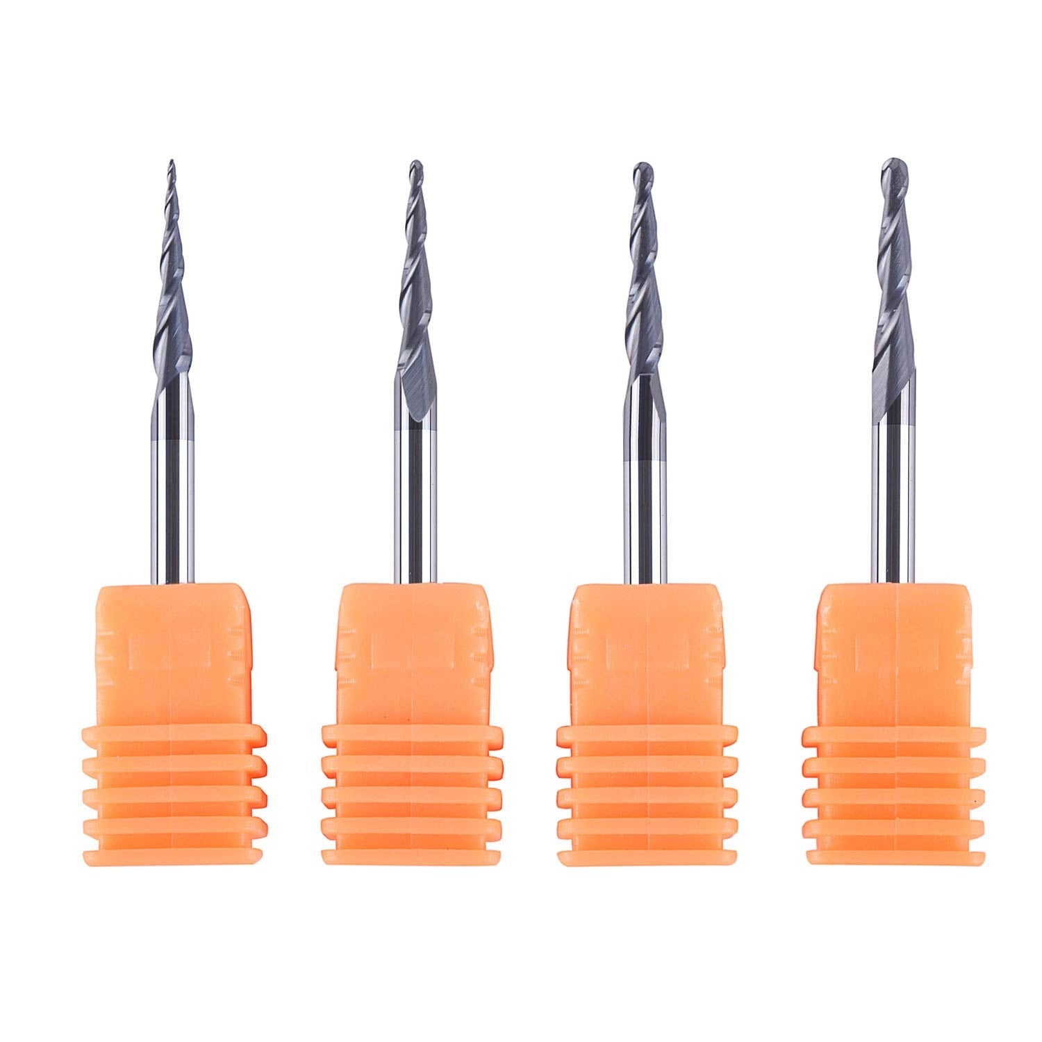 SpeTool 4Pcs CNC 2D and 3D Carving Tapered Angle Ball Nose 0.25-1.0mm Radius x 1/8" Shank x 15mm Cutting Length x 1-1/2" Long 2 Flute SC TiAlN Coated Upcut Router Bits Set