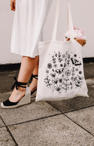 black and white floral tote bag