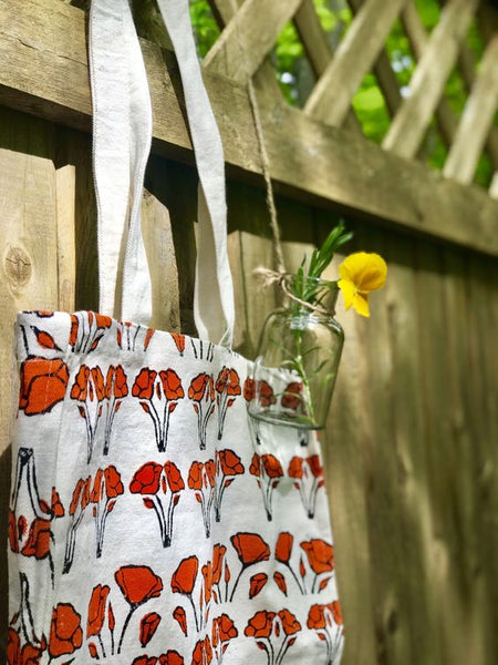 poppy block print tote bag