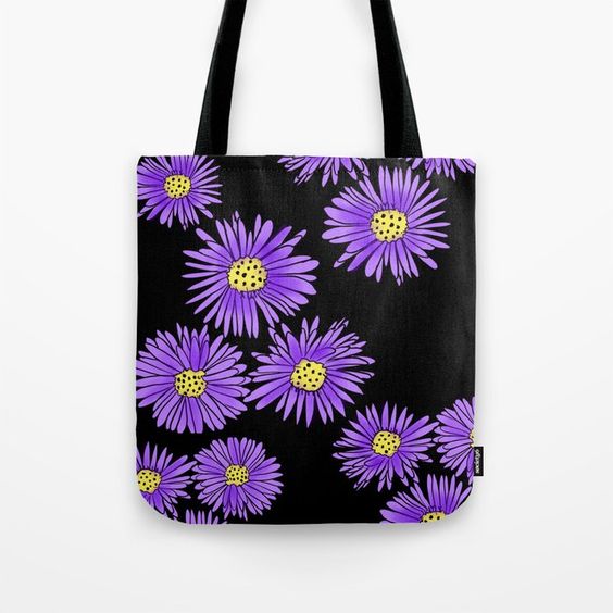 black tote bag with purple flowers