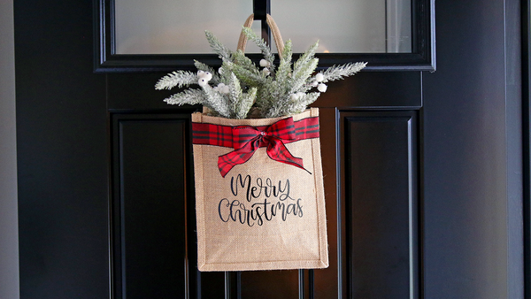 Christmas door hanger from burlap tote bag