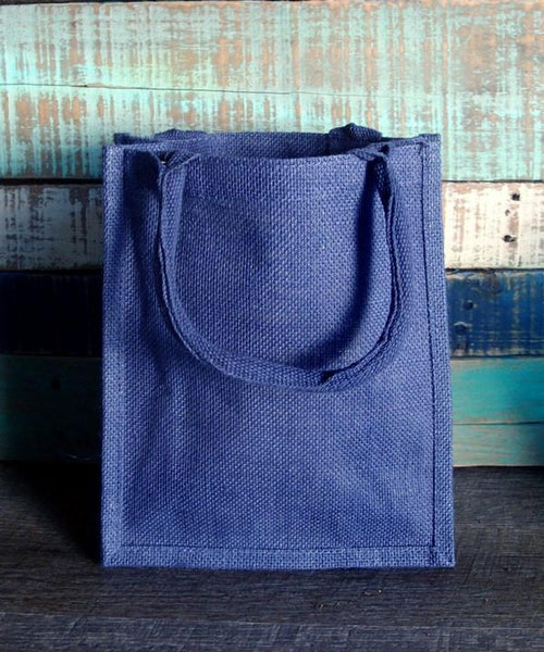 blue natural jute tote bag