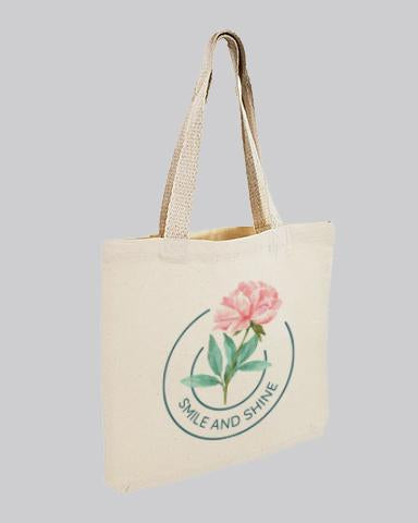 printed tote bag with a pink flower