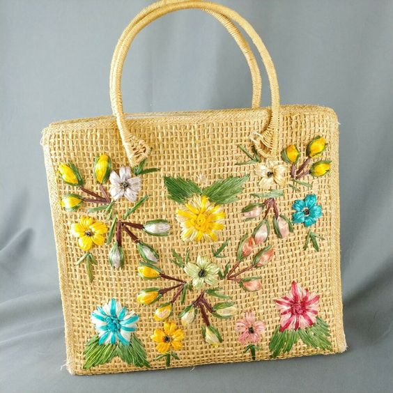 straw embroidered tote bag with flowers