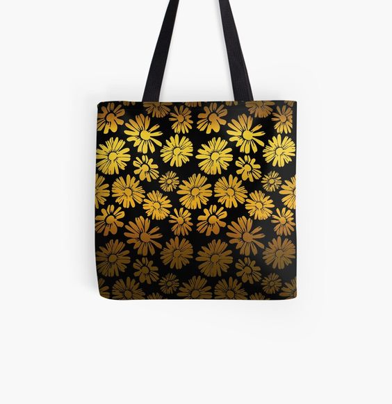 black tote bag with golden flowers