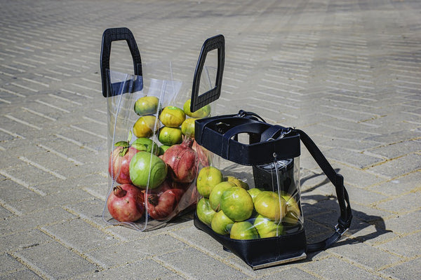 fruits sit in clear reusable tote bags
