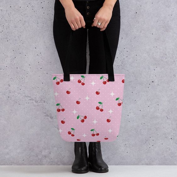 red cherry and starburst white polka dot pink tote bag