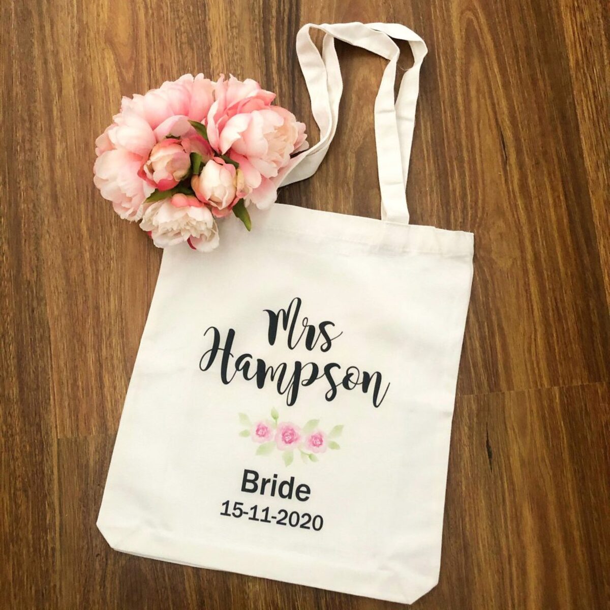 Rose Gold Mrs. & Last Name Custom Large Canvas Tote, Bride Bag