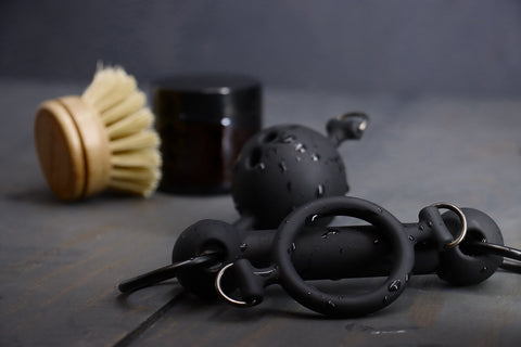 A ball gag, ring gag, and bit gag sit in the foreground. The gags are all wet. In the background there is a visible brush used to clean the ball gags. 