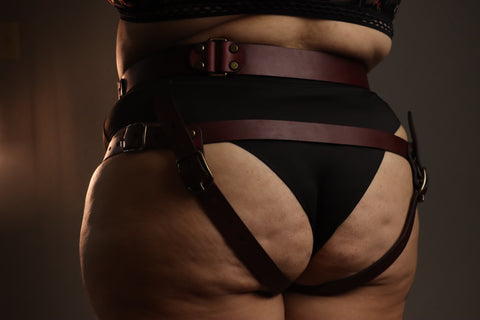 An individual is pictured from behind, from the lower ribs to upper thighs. They are wearing black panties under a red leather strapon harness. The strapon harness has straps securing it at the waist, above the butt, and under each butt cheek.