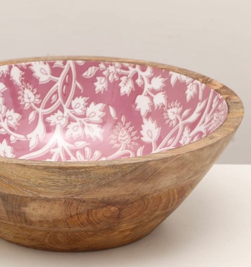 Pink blossom medium mango wood bowl