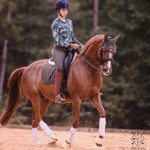 Megan Compton riding a chestnut horse. Photo by Sunsoar Photography