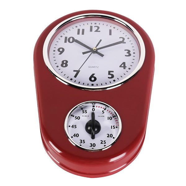 Retro Red Metal Kitchen Wall Clock With Timer (PPB)