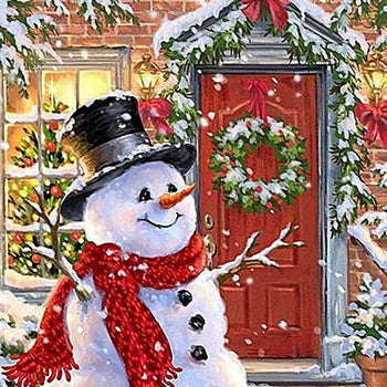 Digital painting of snowman wearing red dres