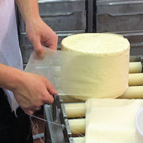 wheel of fresh cheddar being wrapped in clothbound
