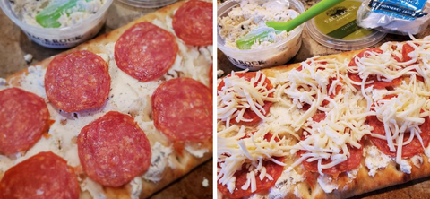 Two images showing a pizza shell with pepperoni in a grid and the same pizza with a topping of shredded Monterey Jack