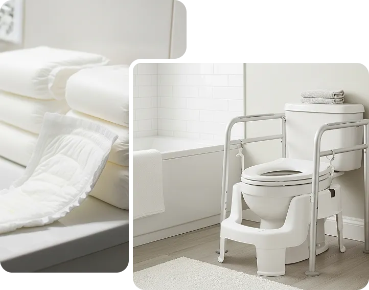 A stack of adult incontinence pads next to a raised toilet with safety rails in a bathroom