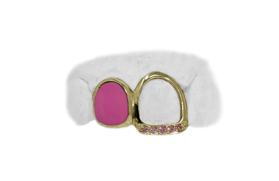 open face grillz with light pink sapphire