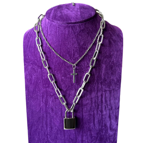 Stainless Steel Key Lock Necklace Double Layer Punk Link Chain