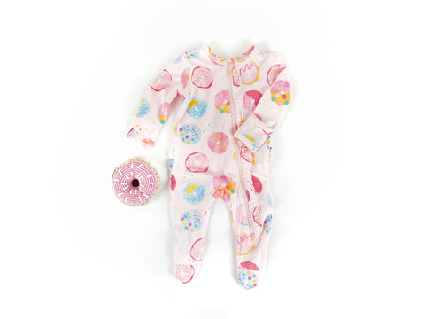 Pink Donut Print Footie by Angel Dear paired with a Cheengoo Pink Donut Rattle