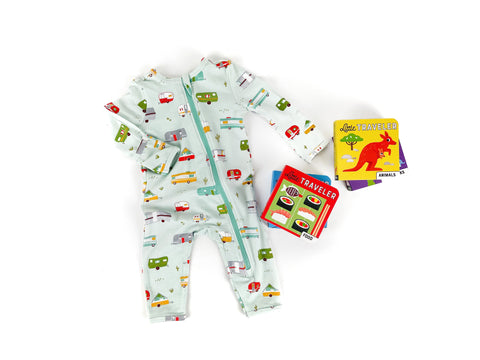 Happy Campers Romper paired with Little Travelers Book Set