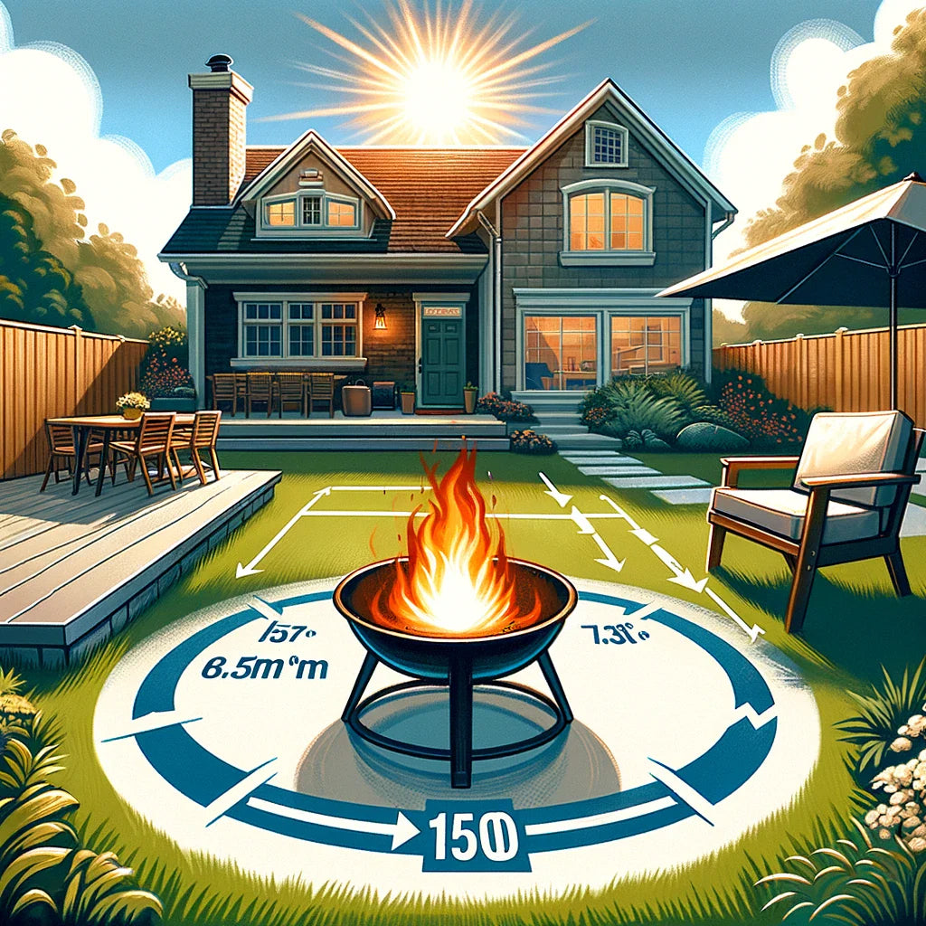 An illustration of the safe distance of a fire pit from a house