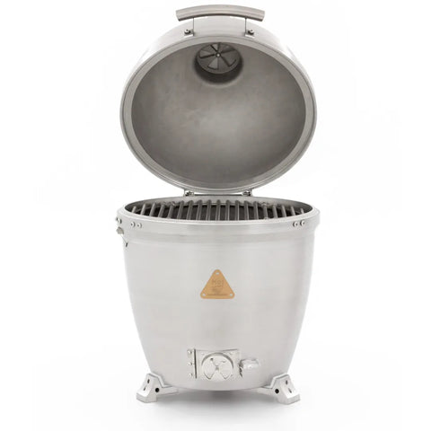 Front view of opened Blaze Grills 20-Inch Cast Aluminum Kamado Grill in white background