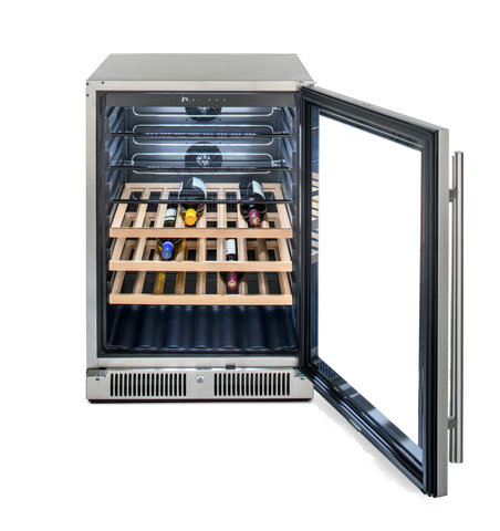 Front view of the Blaze Glass Front Outdoor Beverage Cooler with wine bottles