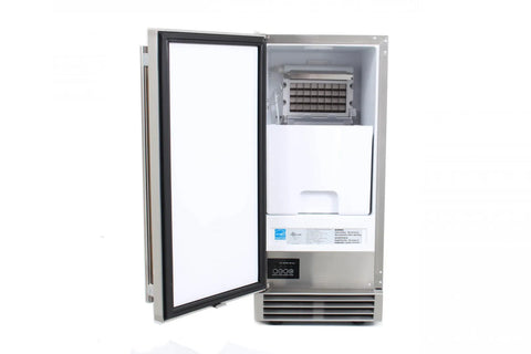 Front view of opened Blaze Grills 50 lb 15-Inch Outdoor Ice Maker with Gravity Drain in white background