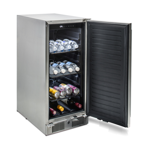 side view of Blaze Grills 15-Inch Outdoor Refrigerator with beverages