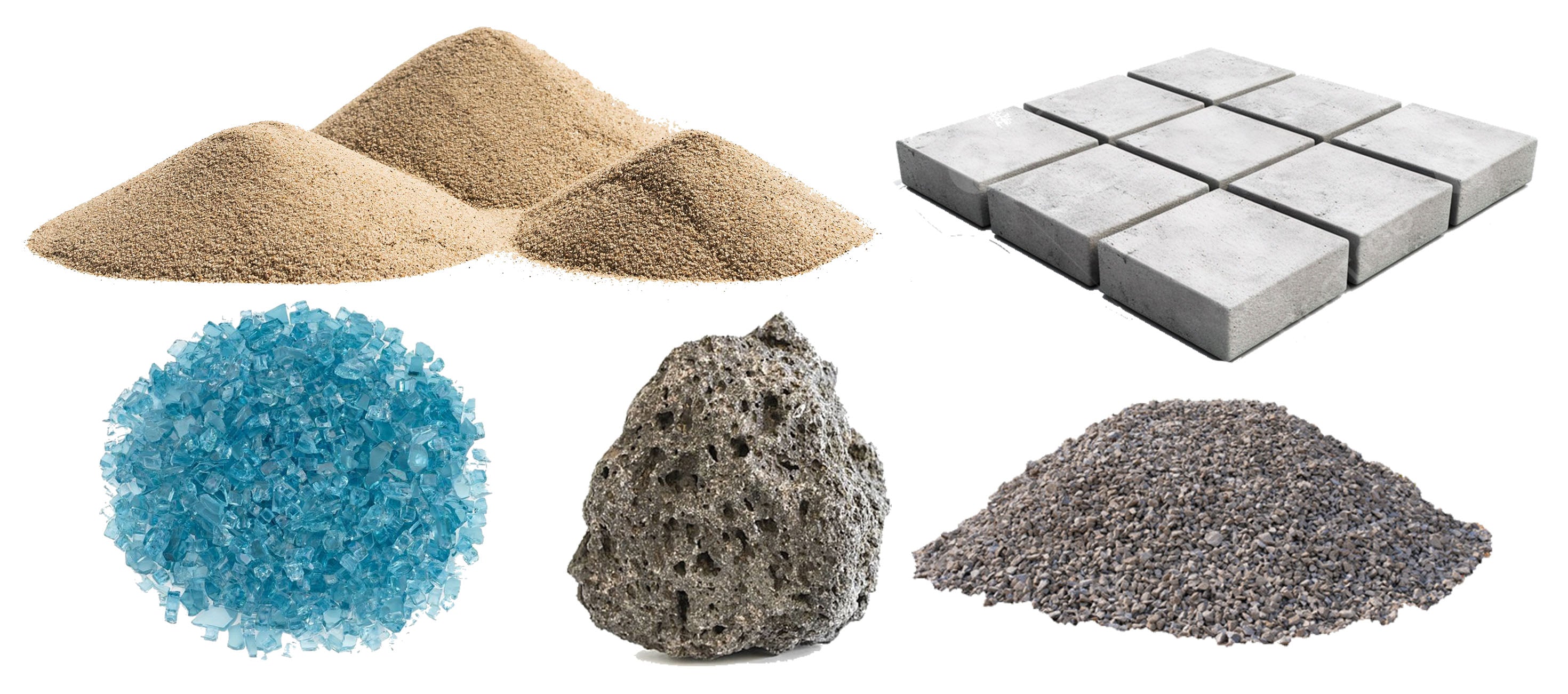 an image of sand, fire glass, concrete paver. gravel, lava rock, combined into one in a white background