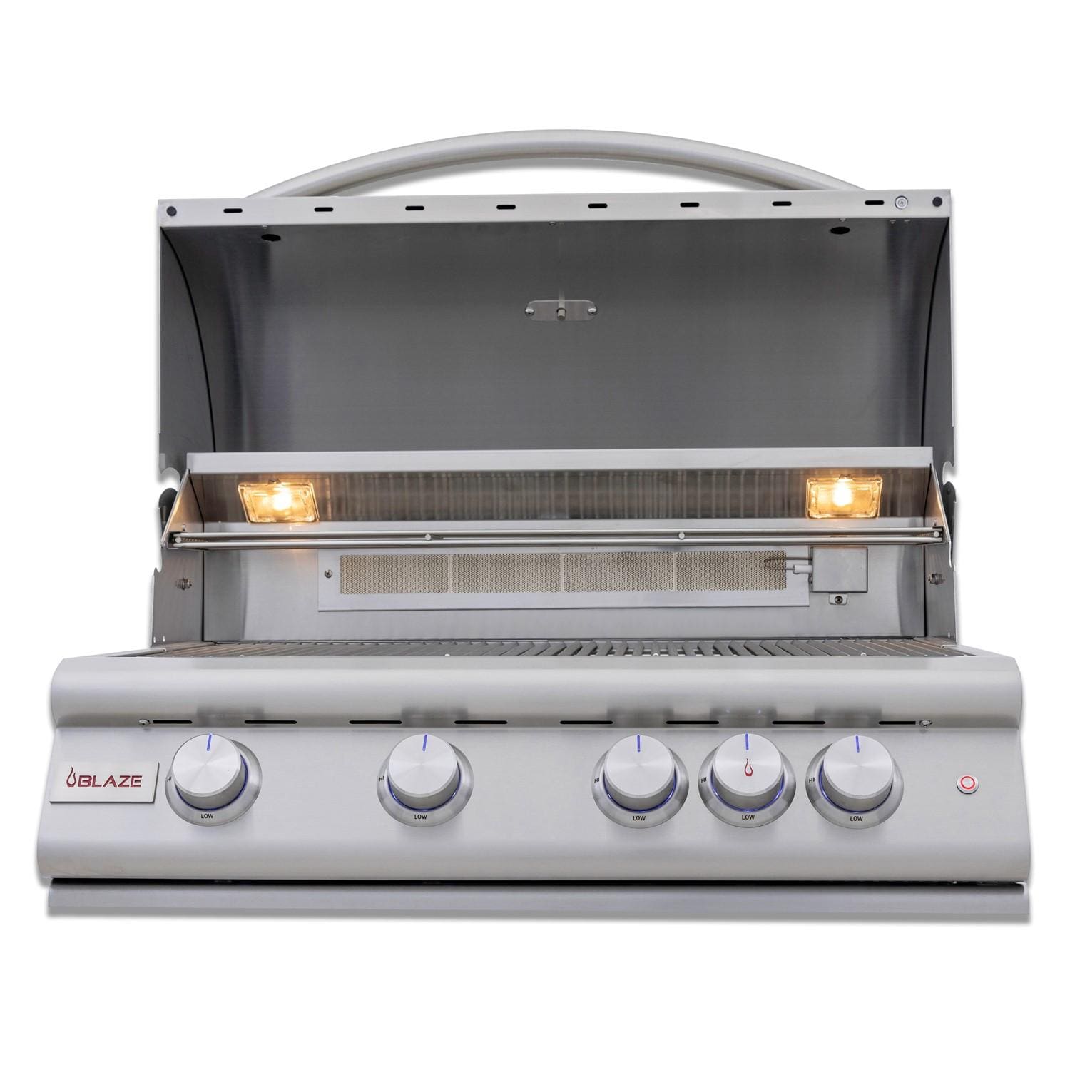 Open hood of the Blaze Grills Premium LTE+ 32-Inch 4-Burner Gas Grill showing the grilling area and rear infrared burner.