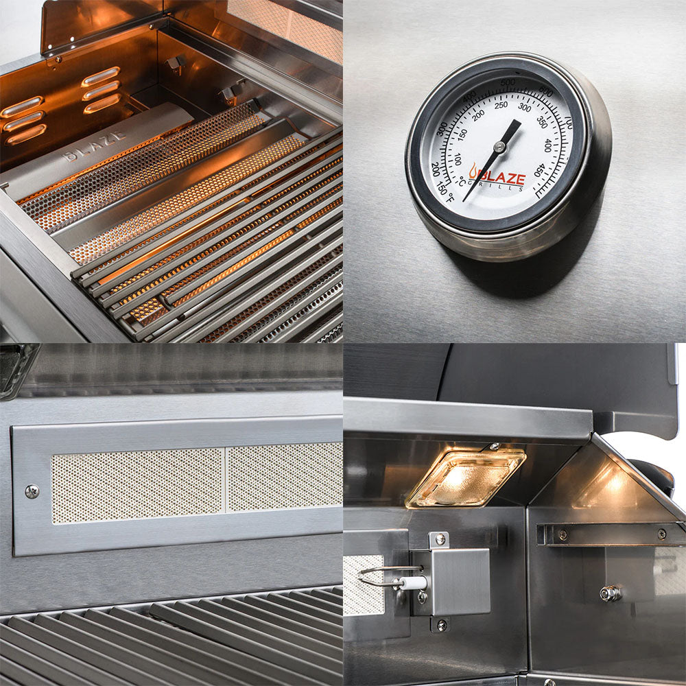 Close-up details of the Blaze Grills 4-5 Burner Premium LTE+ Gas Grill with Rear Burner and Built-in Lighting System, showcasing the triangular cooking grids, integrated thermometer, flame tamers, and interior halogen lights.